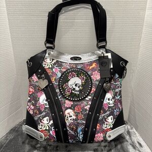 Ed Hardy Skull & Roses Crossbody Bag - Pink, Black, Silver
